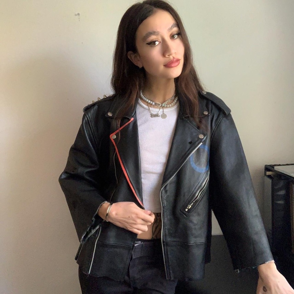 Black Leather Jacket with Red Accents